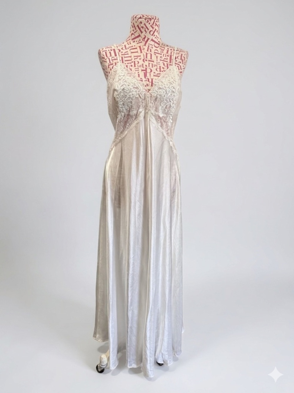 In Bloom by Jonquil Ivory Satin Maxi Nightgown Lace Pearl Embroidery Bridal Sz L